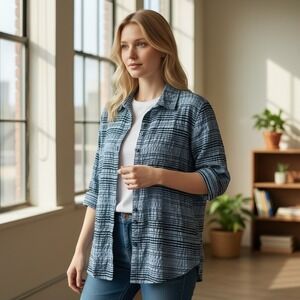 HABITAT Lagenlook Gray Black Striped Crinkle Cotton Button Down Shirt BlouseSz L